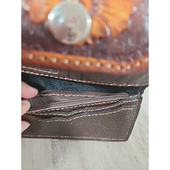 Women's leather embossed floral snap wallet card slots zipper pouch Gem Studded - Picture 7 of 9